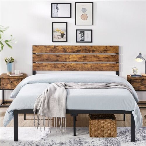 Full/queen Size Metal Platform Bed Frame W/wooden Headboard Rustic Country Style