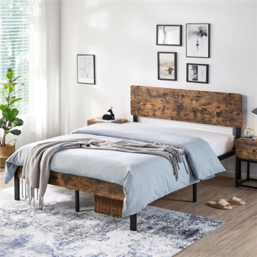 Full/queen Size Kid Metal Platform Bed Frame With Wooden Headboard Vintage Style