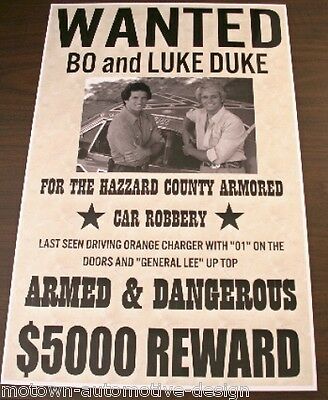 Dukes Of Hazzard Wanted Poster General Lee Bo & Luke 11 X 17 69 Charger Man Cave