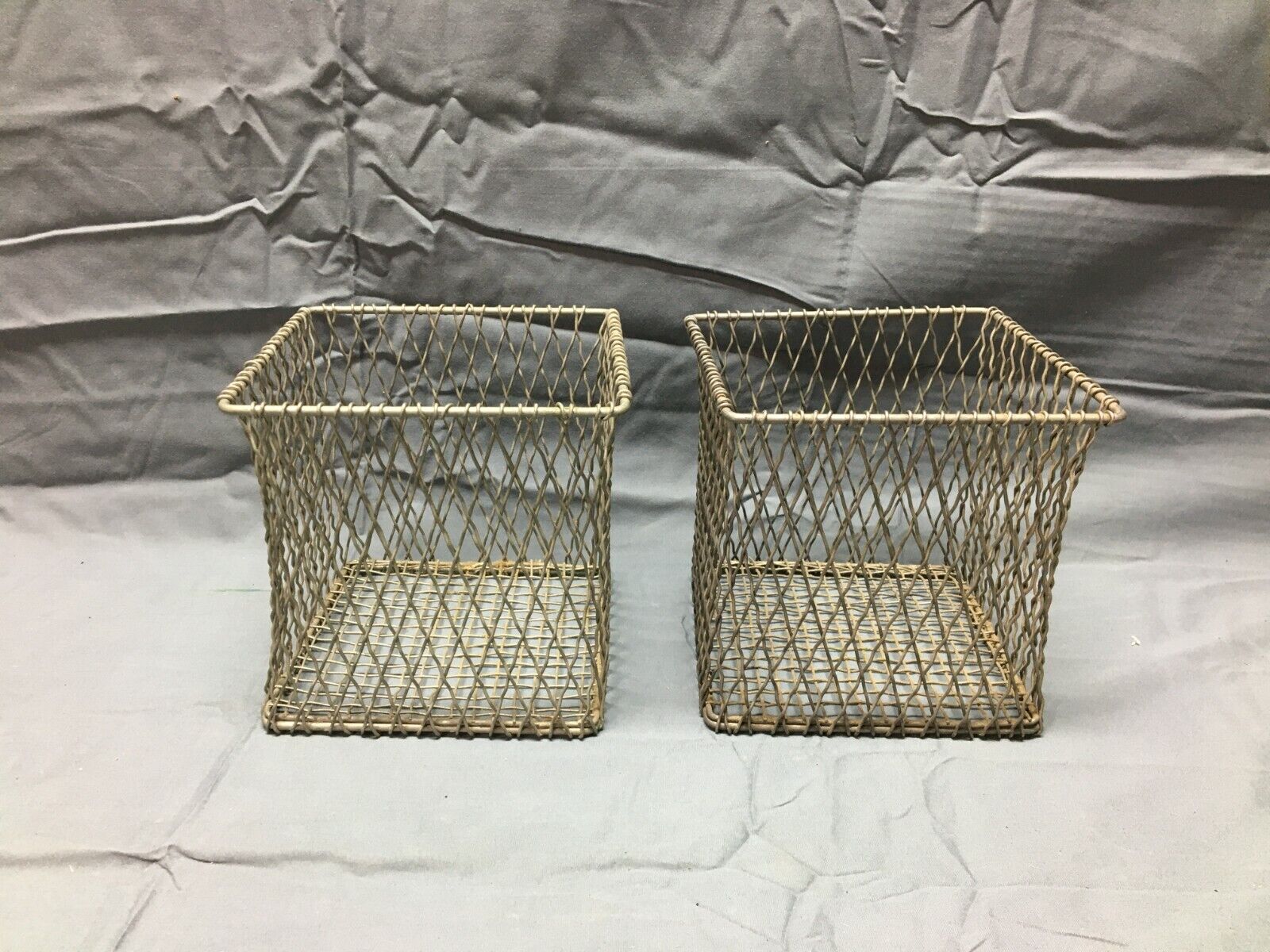 Pair Vtg Small Industrial Twisted Diamond Wire Basket Organizer Factory 124-22b