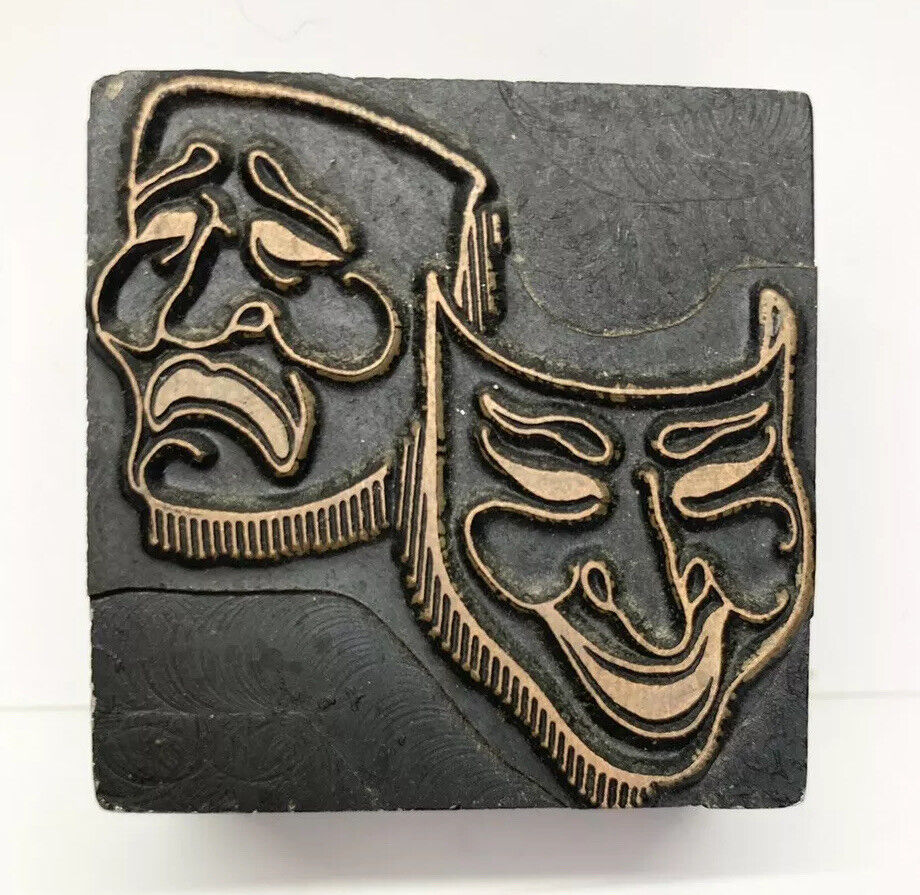 Antique Letterpress Block Copper Tragedy Comedy Masks 1 1/2”